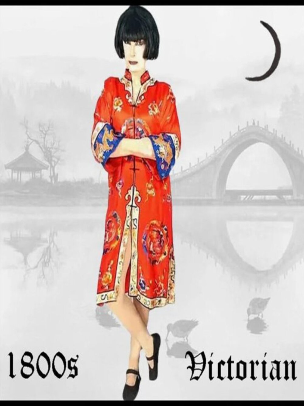 Victorian Silk Kimono Qing Dynasty Robe, Red Chinese Empress- Dragon Embroidery